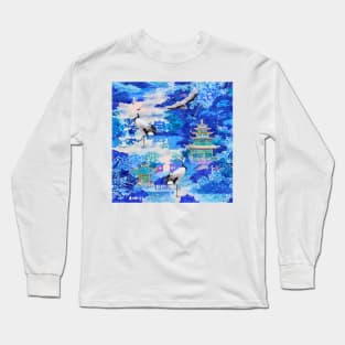 Pagodas and cranes watercolor painting Long Sleeve T-Shirt